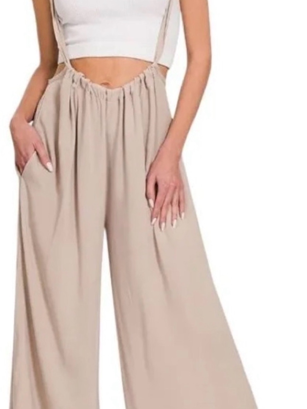 New Zenana Outfitters Wide-Leg Suspender Pants in Beige